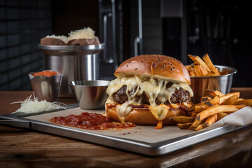 Cheese burger - American cheese burger with Golden French fries and ketchup