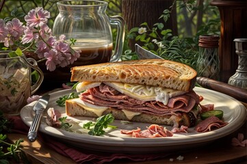 sandwich with ham and cheese on a wooden table in the garden