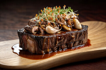Beef steak with mushrooms and soy sauce on a wooden board.