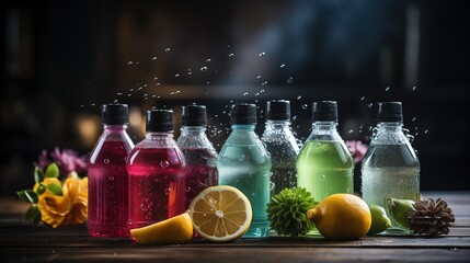 Assorted Colorful Beverage Bottles with Splashing Water on Wood Surface