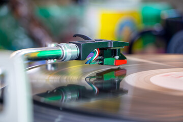 A vintage turntable comes to life as the needlehead gracefully touches down on a classic vinyl...