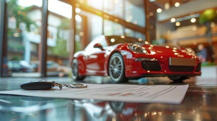 Banner car model and car key lying on the sales contract plan