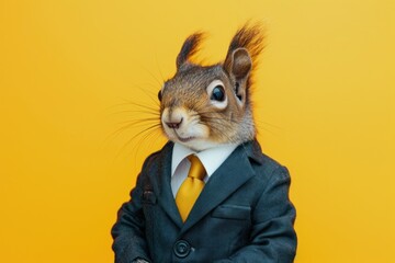 A squirrel wearing a business suit with a yellow tie, looking to the side against a yellow background. - obrazy, fototapety, plakaty