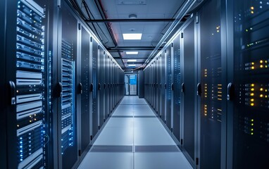 Fototapeta premium Rows of High-Performance Servers in a Modern Data Center - Big Data, Web Infrastructure, Technology