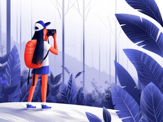 Illustration of a person with a backpack looking through binoculars in a stylized forest