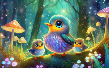 Fototapeta na wymiar Sweet mother bird and her chick in magical fantasy forest. Mother's day illustration 