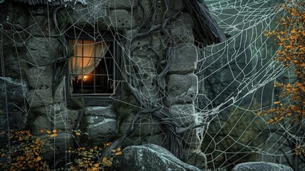 Spooky Scene of Stone Wall with Spider Webs Window Overlooking Haunted Forest with Cabin and Ghostly Witch
