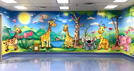 Hospital mural in the pediatric ward featuring cheerful characters - obrazy, fototapety, plakaty