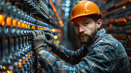 worker with helmet,
Picture of Technician Engineer Repairing CMTS Network  - obrazy, fototapety, plakaty