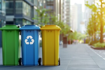 Recycling containers on a sidewalk in an urban neighborhood.