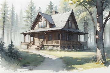 森の中の小さな家 水彩画