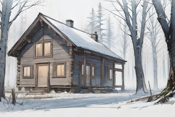 森の中の小さな家 雪景色　水彩画