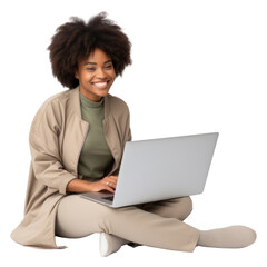 PNG African American happy woman with laptop on her lap sitting computer portrait.