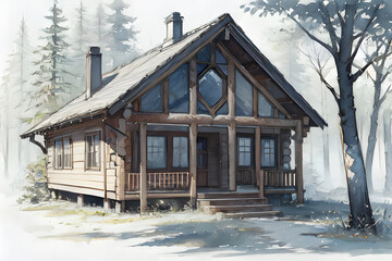 森の中の小さな家 雪景色　水彩画