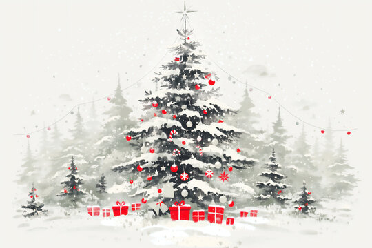 雪に包まれたクリスマスツリーとプレゼントボックス