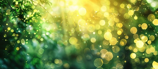 Bokeh background in green and yellow hues with sunlight filtering through nature