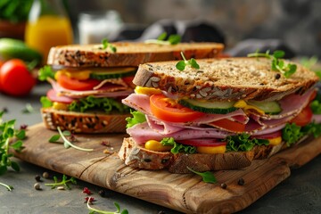Rye bread sandwiches with meat veggies and mustard