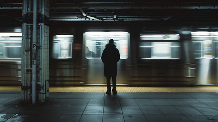 Obraz premium Silhouette of a Person Standing on Subway Platform, Speeding Train in Background, Nighttime Urban Scene