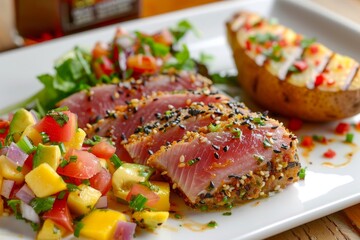 Seared Ahi Tuna with sesame crust mango salsa salad and baked potato