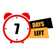 Red alarm clock. Seven days reminder. Countdown concept. Urgent deadline alert. Vector illustration. EPS 10.