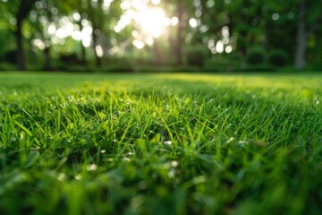 Selective focus on sunny green lawn
