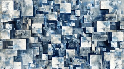 Complex blue and grey square design repeated on a white backdrop