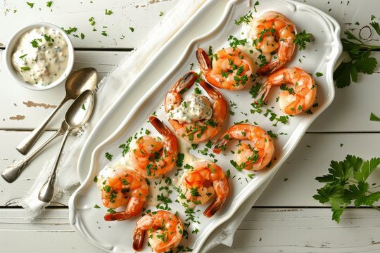 Shot Glass Shrimp with tartar sauce simple party recipe on white platter on wooden table top view