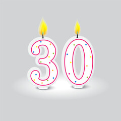 Number 30 birthday candles with colorful polka dots. Milestone celebration design. Vector illustration. EPS 10.