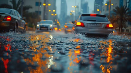 Cars Braving A Flooded City Street During A Downpour.