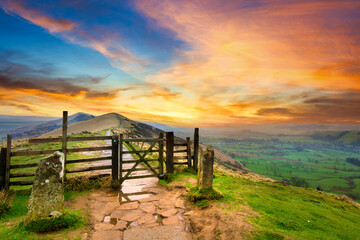 The Great Ridge at sunrise. Mam Tor hill in Peak District. United Kingdom  - 787656280