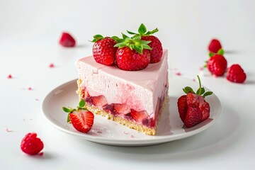 Strawberry cheesecake slice on white background focus square