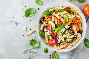 Top view of feta pasta salad with grilled zucchini eggplant bell pepper and tomato on white bowl