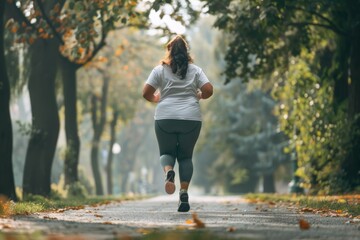 Overweight woman running on road