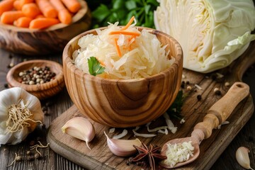 Wooden bowl with sauerkraut carrot garlic spices cabbage on cutting board