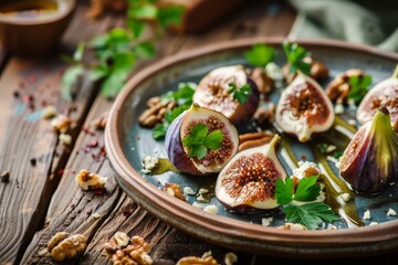 Turkish dessert with figs goat cheese walnuts honey on ceramic plate wooden background - obrazy, fototapety, plakaty
