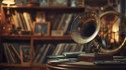 Frame a vintage gramophone amidst a collection of classic vinyl records - obrazy, fototapety, plakaty