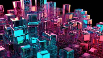 Abstract 3d rendering of chaotic geometric shapes with glowing light effects