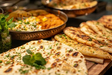 Variety of Indian breads with naan at front stuffed parathas in background decorated with mint leaves