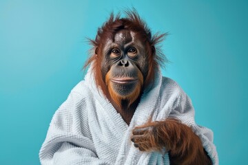 Orangutan in a white robe with a serene expression on a blue background. - obrazy, fototapety, plakaty
