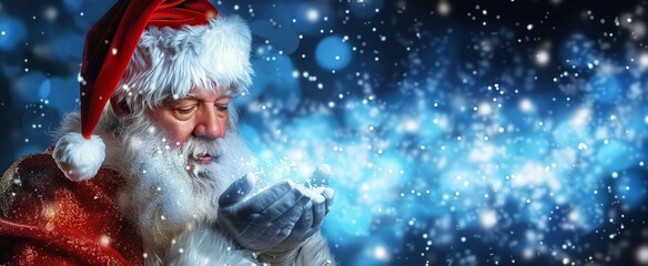 Magical Moment - Santa Claus Blows Christmas Stars into Snowy Night. Made with Generative AI Technology