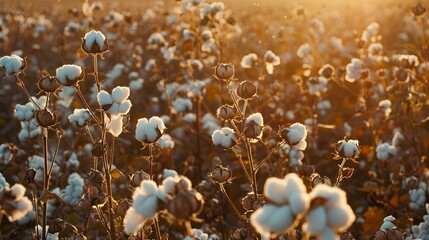 Cotton farm during harvest season. Field of cotton plants with white bolls. Sustainable and eco-friendly practice on a cotton farm. Organic farming. Raw material for textile industry. - obrazy, fototapety, plakaty