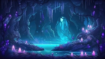 Mystical Enchanted Cave, Magical Crystal Landscape Illustration