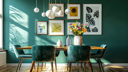 Elegant Dining Oasis: Vibrant Green Wall and Warm Wood Tones