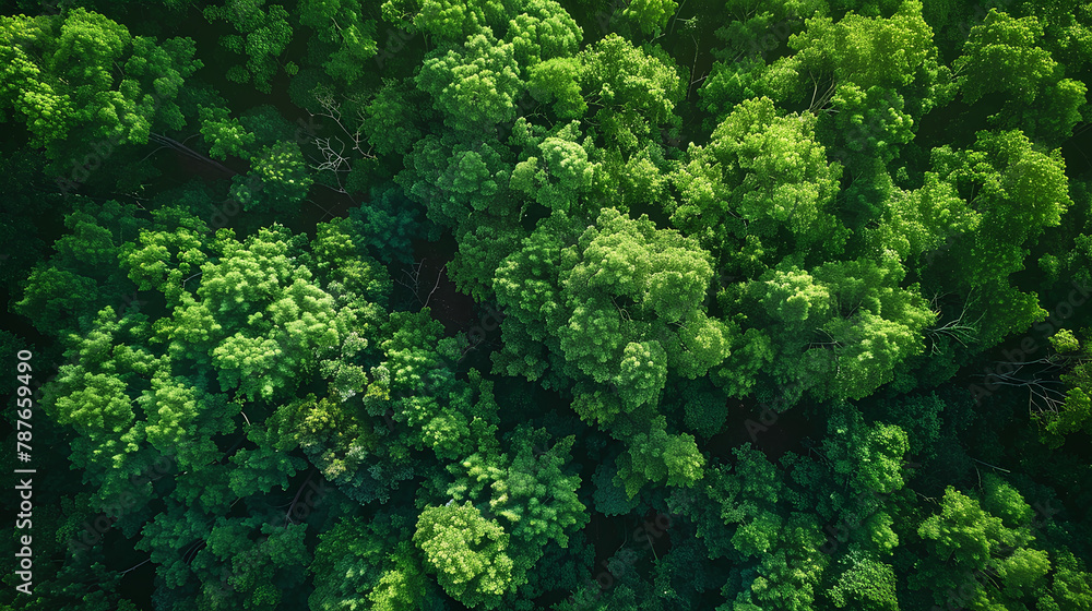 Wall mural Aerial top view of green trees in forest. Drone view of dense green tree captures CO2. Green tree nature background for carbon neutrality and net zero emissions concept. Sustainable green environment