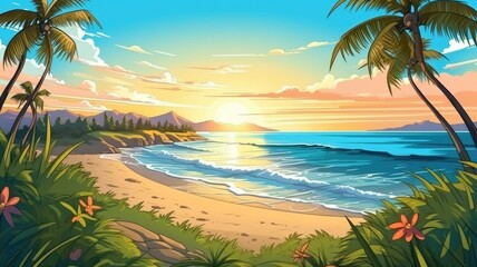 Tropical Paradise Sunset, Serene Beach and Palm Trees