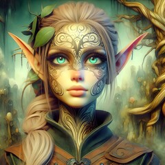 Full portrait Bright-eyed elf in 3D watercolor art style.
