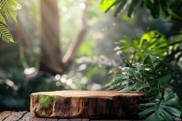 Wood tabletop podium floor in outdoors blur green leaf tropical forest nature landscape background.cosmetic natural product mock up placement pedestal stand display,jungle summer - generative ai