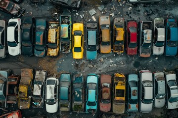 Aerial view of junkyard cars - obrazy, fototapety, plakaty