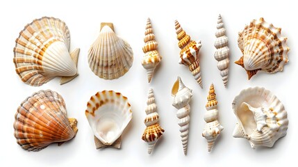 Obraz premium Diverse Seashell Compositions with Intricate Patterns and Textures on White Background