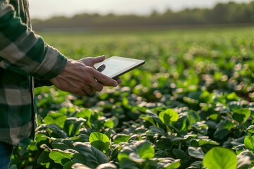 Naklejka na ściany i meble farmers hands using digital tablet in agricultural field modern farm technology concept